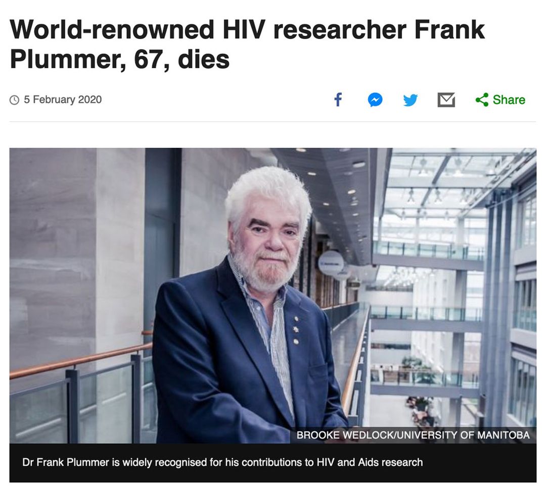 World-renowned HIV researcher Frank Plummer, 67, dies