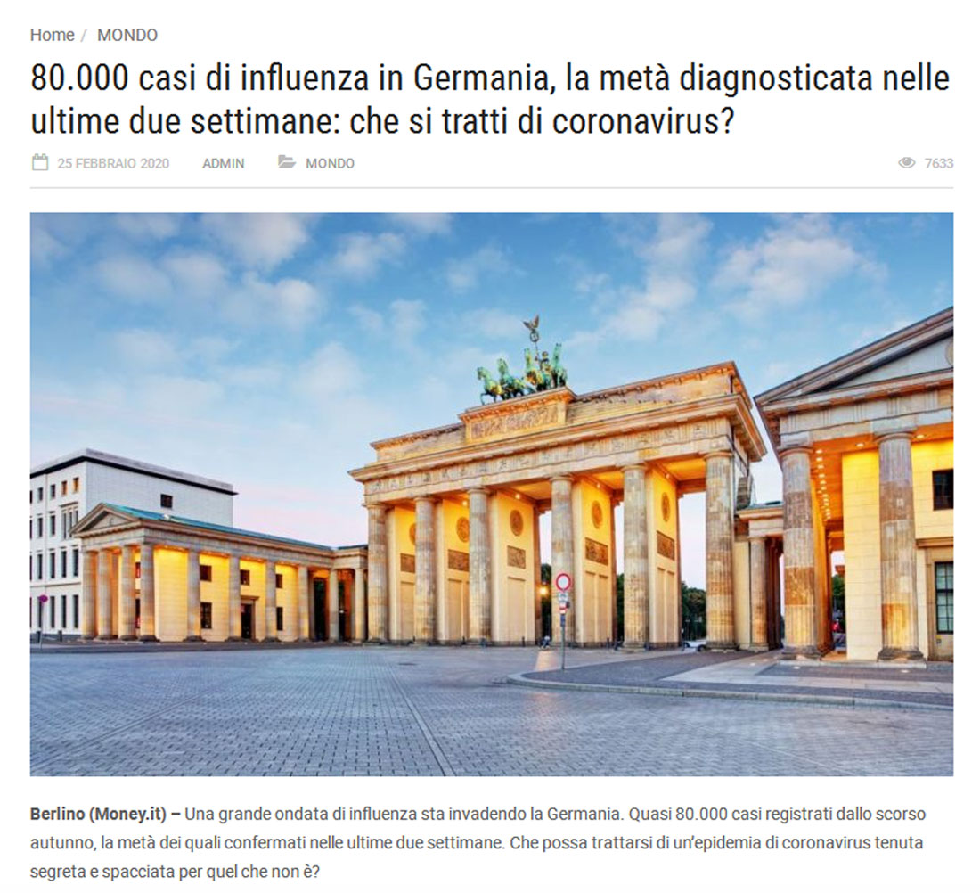 80.000 casi di influenza in Germania, la metà diagnosticata nelle ultime due settimane: che si tratti di coronavirus?